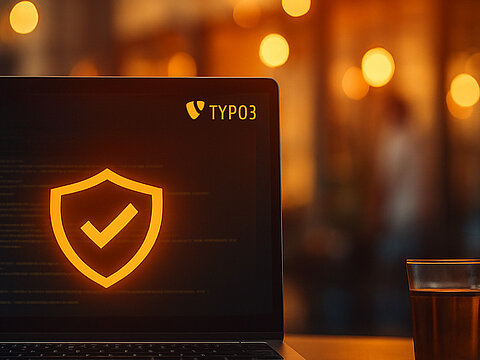 Ein Laptop in einer gemütlichen Atmosphäre, welcher auf TYPO3 Sicherheitsupdates hinweist